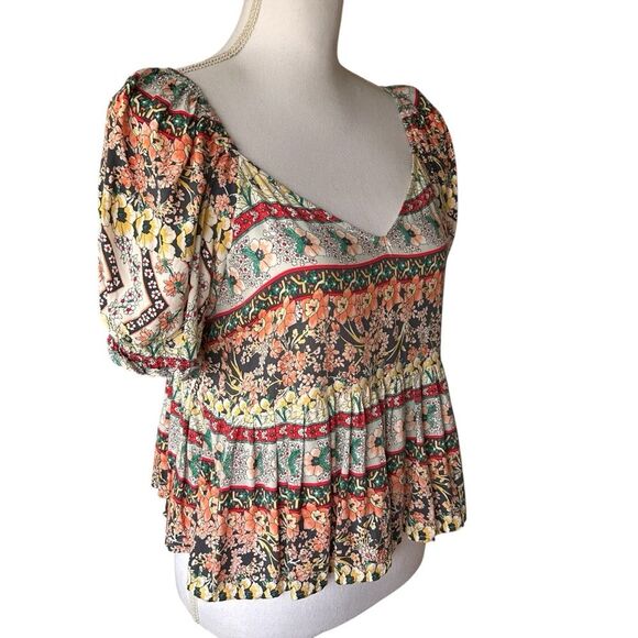 O’Neill Isabela Floral Top Women’s Large Peasant Boho Blouse Smocked - Picture 2 of 6
